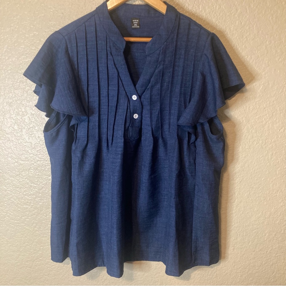 SHEIN Navy Pintuck Ruffle Sleeve Blouse